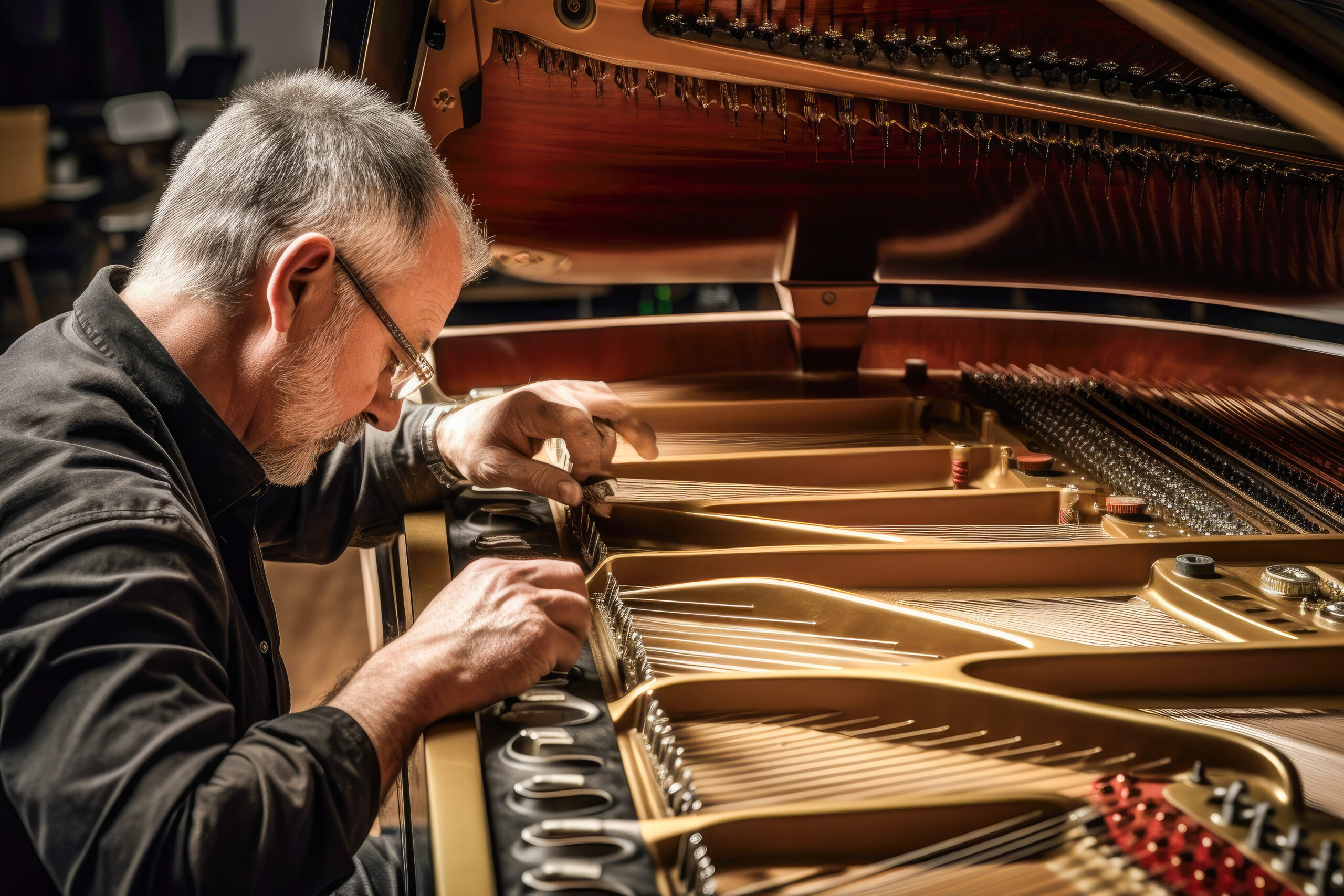 Man tuning a piano, piano tuner. Generative AI